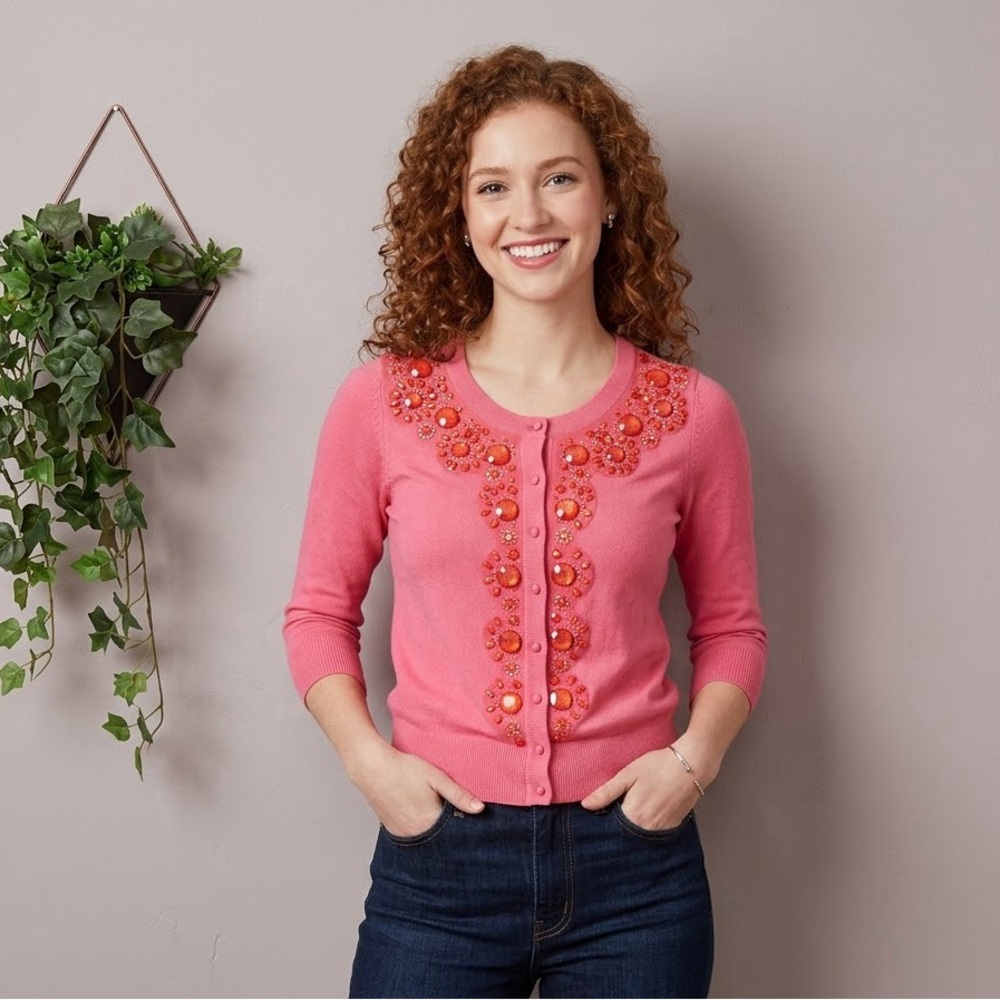 KATE SPADE | Beaded Pink Cardigan Sweater